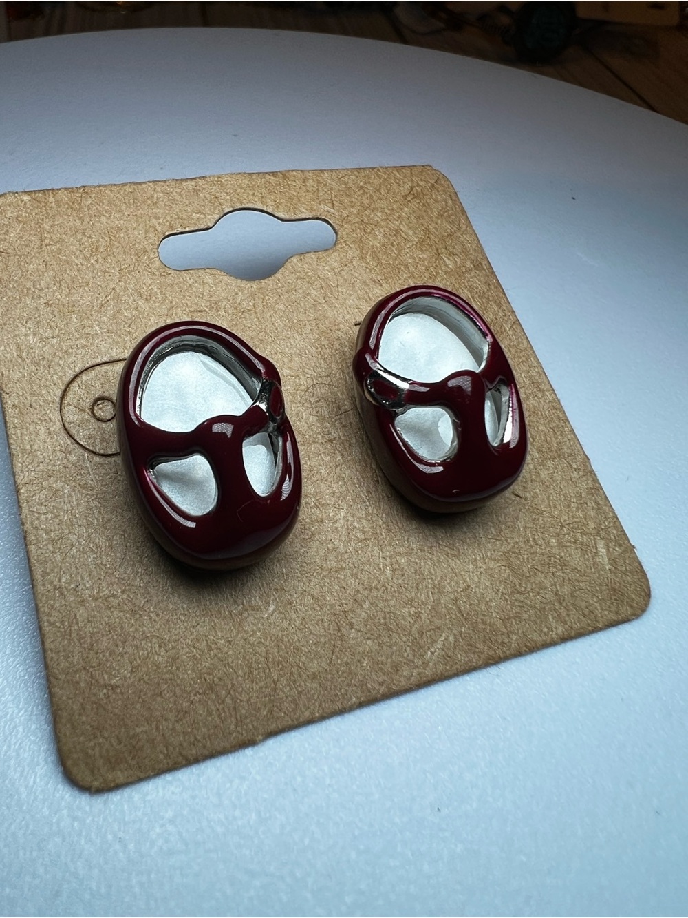 Baby shoe red burgundy stud earrings